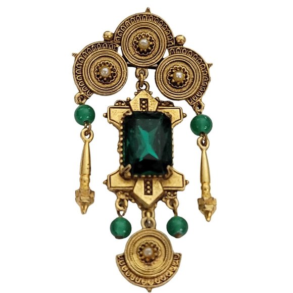 Florenza Gold Tone Green Rhinestone Glass Ball Etruscan-Style Dangle Brooch K656